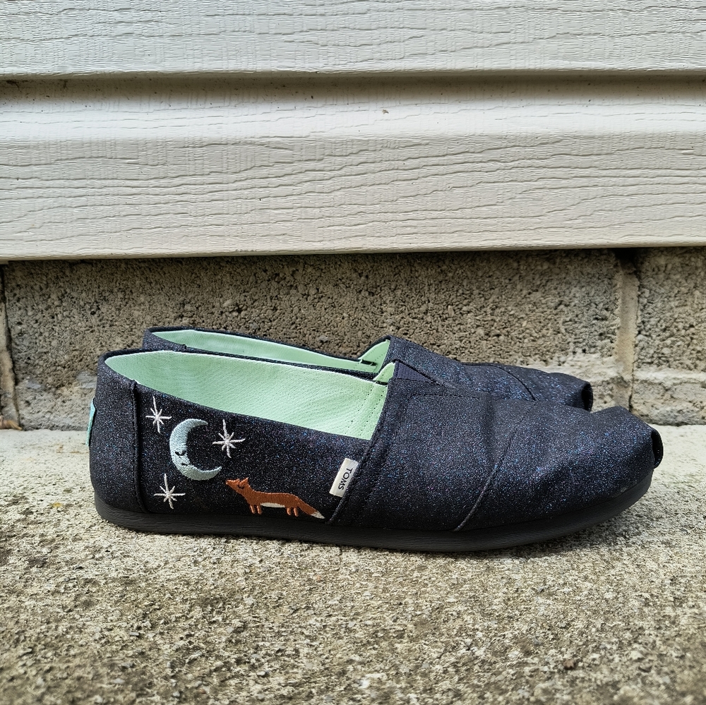 Toms Sparkle Midnight Blue Alpargata Embroidered Fox Slip on Shoes, 8.5W